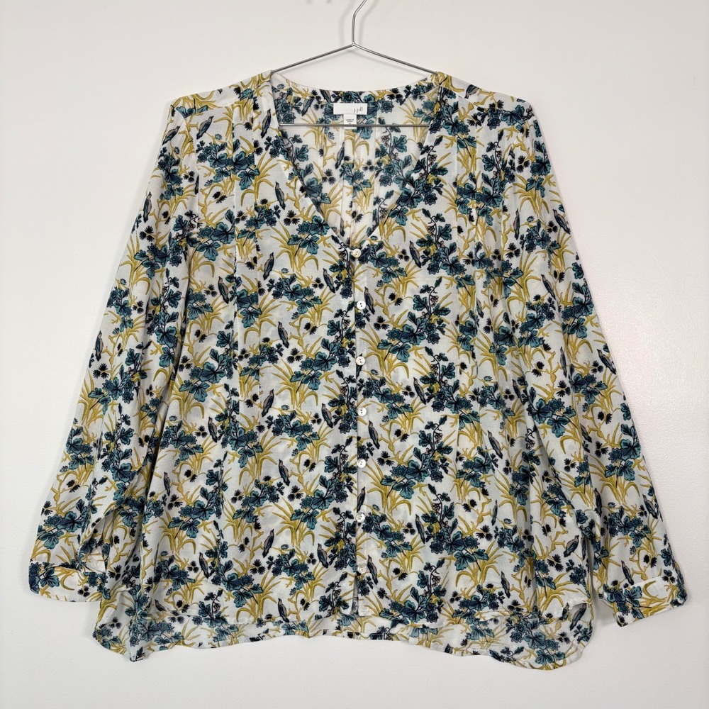 J. Jill Women Blouse XL Petite White Floral Bird Rayon Button Front Shirt Boho